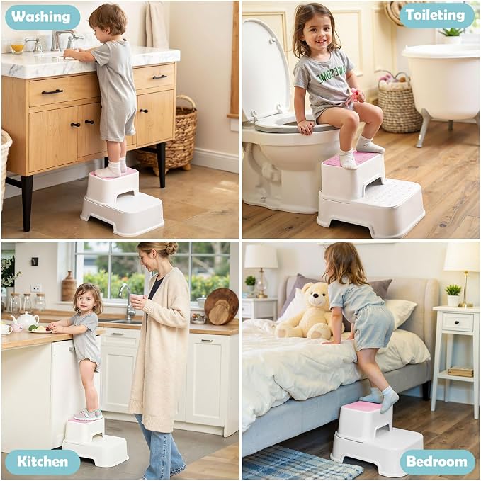 2 Step Toddler Step Stool, Non-Slip Multifunctional Kids Step Stool for Bathroom Sink & Toilet Potty Training,Supports Up to 220 lbs (2 Packs, Pink)
