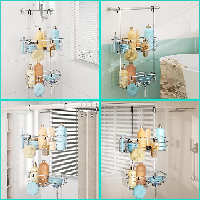 HapiRm Hanging Shower Caddy Organizer - No Drilling Shower Shelves with Hooks and Toothbrush Holder, Rustproof 304 Stainless Steel Bathroom Organizer - Silver