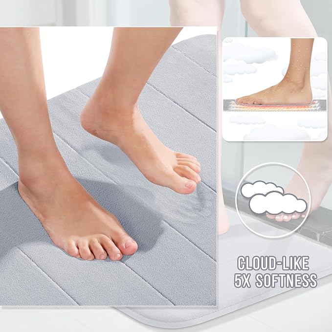 Yimobra 3 Pieces Memory Foam Bath Mat Set with U-Shaped Toilet Rug - Non Slip Super Soft Absorbent Quick Dry Bathroom Rugs for Bathtub, Vanity & Toilet Base, Silver