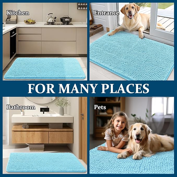 OLANLY Dog Door Mat for Muddy Paws 70x35, Absorbs Moisture and Dirt, Absorbent Non-Slip Washable Doormat, Quick Dry Chenille Mud Mat for Dogs, Entry Indoor Entryway Carpet for Inside Floor, Blue