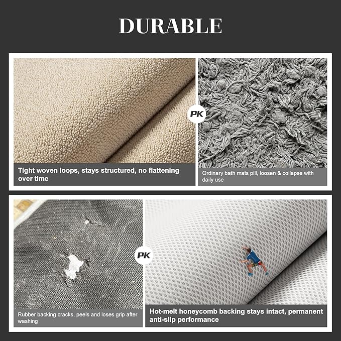 MontVoo Quick Dry Bath Mat, Super Absorbent Bathroom Rug, 3D Honeycomb Mesh Base Non Slip Bath Mats for Bathroom, Machine Washable Low Pile Bath Rug for Bathtub Front, Shower, Sink, Beige 17"x24"