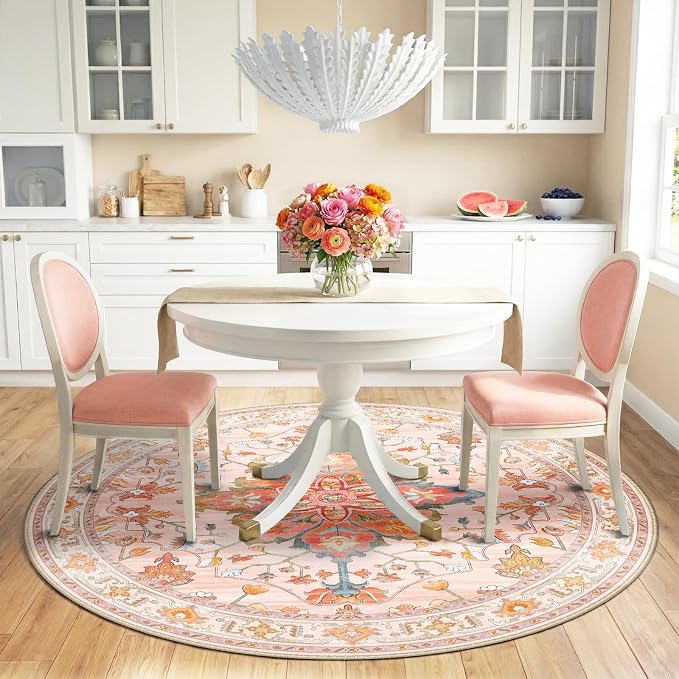 RELEANY Area Rugs Round 6ft Washable Non-Slip, Floral Vintage Distress Medallion Carpet for Living Room Bedroom Dining Room, Light Pink Colorful