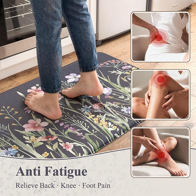 KIMODE Anti Fatigue Kitchen Mat, Farmhouse Floral Kitchen Rugs, Kitchen Floor Mats Non-Slip,Comfort Kitchen Mats for Floor Sink, Laundry, Office, Desk Dark Grey/Purple 17"x47"+17"x29"