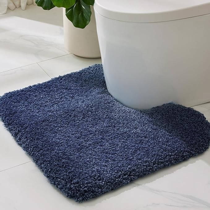 ILANGO Navy Blue Toilet Rugs U Shaped 22" × 24" Non Slip & Super Absorbent Extra Thick Soft, Washable Bath Mats for Bathroom Floor, Microfiber Plush Shaggy Contour Bath Rugs for Toilet,Dry Quick