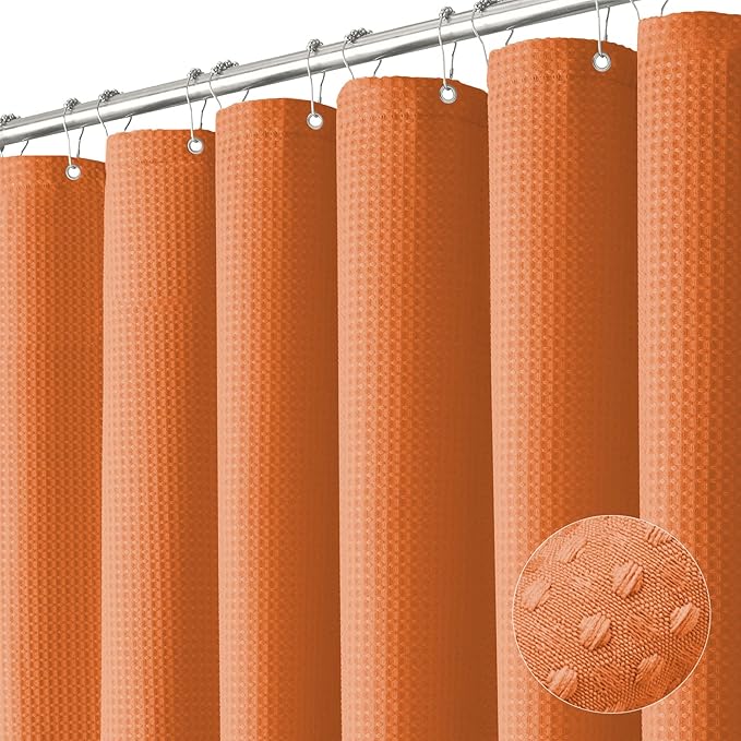 Dynamene Stall Fabric Shower Curtain - 36x72 Waffle Weave Weighted Cloth Shower Curtains for Bathroom, Neutral Heavy Duty Hotel Spa Luxury Bath Curtain Set with 6 Plastic Hooks, Burnt Orange