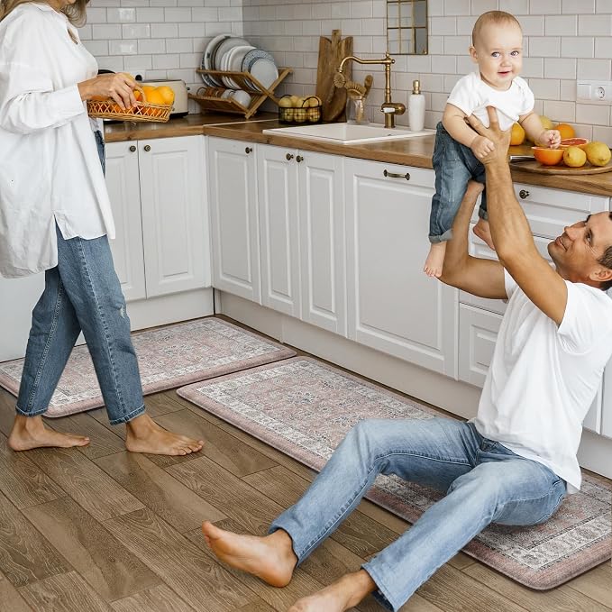 KIMODE Anti Fatigue Mats for Kitchen Floor, Boho Floral Kitchen Rugs Sets of 2, Cushioned Kitchen Floor Mats, Comfort Standing Desk Mat for Sink, Laundry, Desk Pink Multi 17"x29.5"+17" x47”
