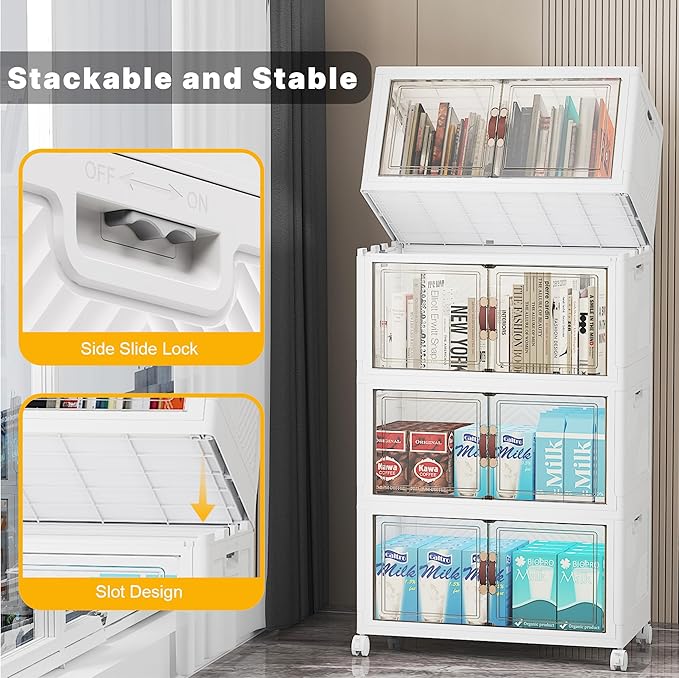UAMFURI Stackable Storage Bins with Lids, 208QT Closet Organizers and Storage with Doors and Wheels, Extra Large Storage Cabinet, Collapsible Plastic Drawers for Bedroom Dorm Office Garage