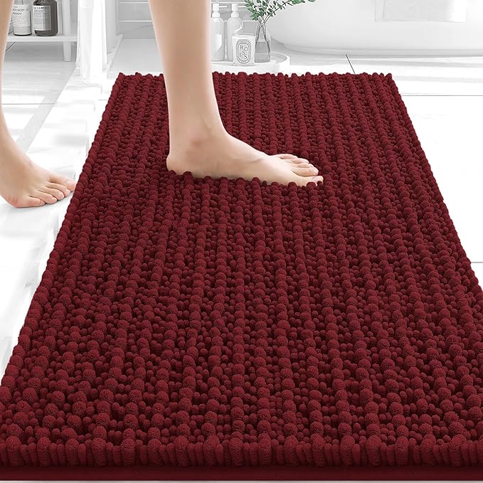 OLANLY Bathroom Rug Mat 30x20, Thick Soft and Absorbent Chenille Bath Mat, Non-Slip Rubber Backing, Machine Washable Quick Dry Bath Rugs for Tub Shower Floor, Home Decor Accessories, Burgundy