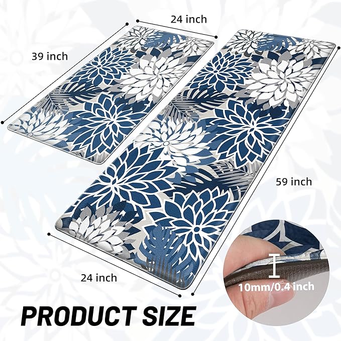 Arenarug Kitchen Mats for Floor 2PCS Cushioned Anti Fatigue Kitchen Mats Waterproof Non Slip Kitchen Mat Rug Set Comfort Foam Standing Mat for Sink, Laundry, Office, 24"x39"+24"x59", Blue Gray