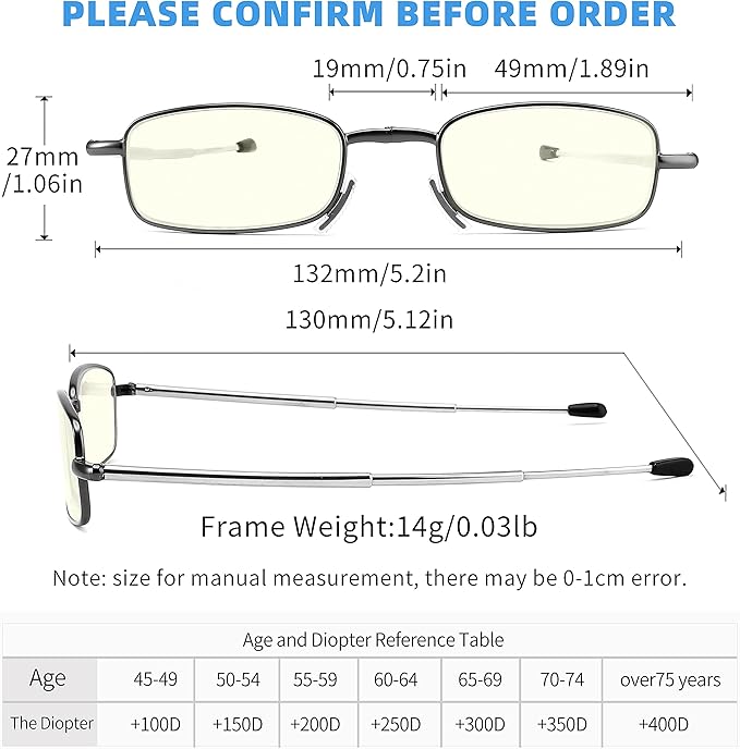 touk Foldable Reading Glasses Anti Blue Light, Soft Nose Pad Spring Hinge Compact Readers Portable Case for Men Women 2 Pack