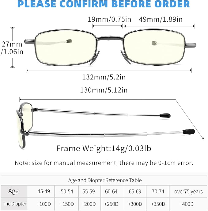 touk Foldable Reading Glasses Anti Blue Light, Soft Nose Pad Spring Hinge Compact Readers Portable Case for Men Women 2 Pack