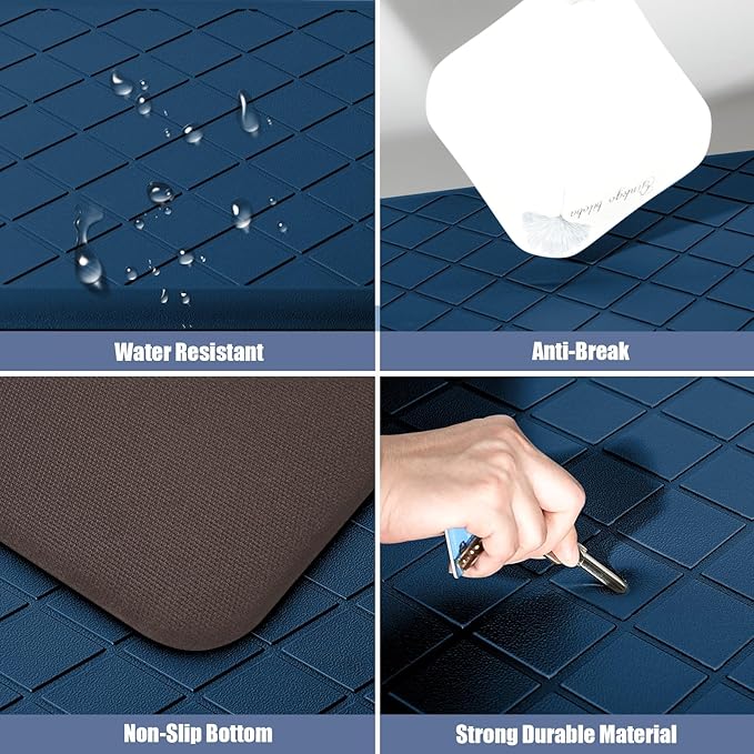 Cushioned Kitchen Mat 2 PCS, Anti Fatigue Kitchen Rugs, Heavy Duty Non-Skid, Ergonomic Comfort Foam Kitchen Floor Mat for Home, Office, Sink, Laundry, Blue