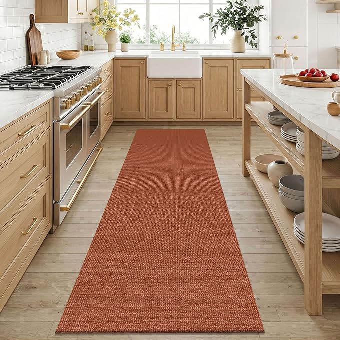 KOZYFLY Orange 3x6 Washable Runner Rug, Non Slip Wide Runners for Hallway, Woven Large Entryway Runners, Braided Floor Carpet Runner for Entry, Kitchen, Bedside, Hall, Burnt Orange/Tan