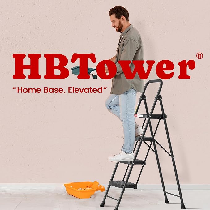 HBTower 4 Step Ladder, Step Stool Foldable with Wide Anti-Slip Pedal, Sturdy Steel Ladders for Home Adults Kitchen