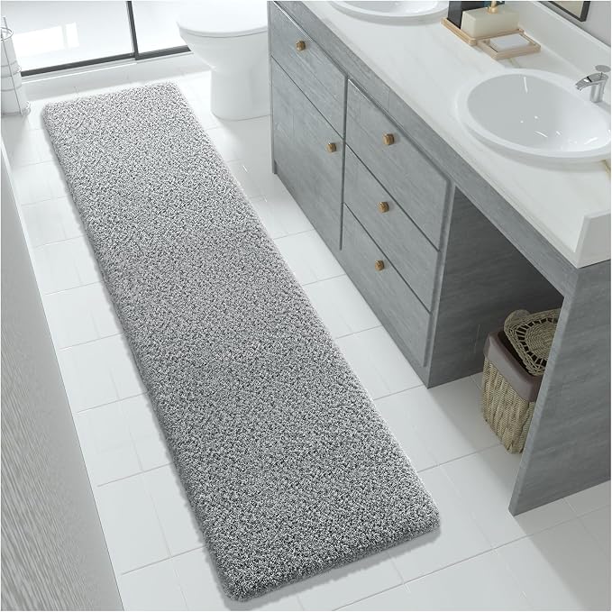 Yimobra Fluffy Plush Bath Rug, Super Shaggy Soft Comfortable Non Slip, Water Absorbent Microfiber Bath Mat, Dries Quickly, Machine Washable Thick Bathroom Rugs for Shower, 70" X 24", Pure Gray