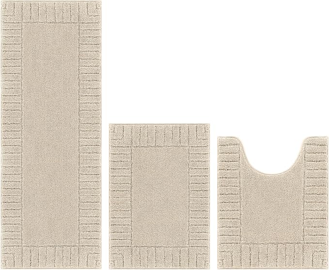 Pauwer Bathroom Rugs Sets 3 Piece Non Slip Machine Washable Bathroom Shower Rugs with U-Shaped Contour Toilet Mat Plush Shaggy Absorbent Microfiber Bath Mat Set, Light Beige