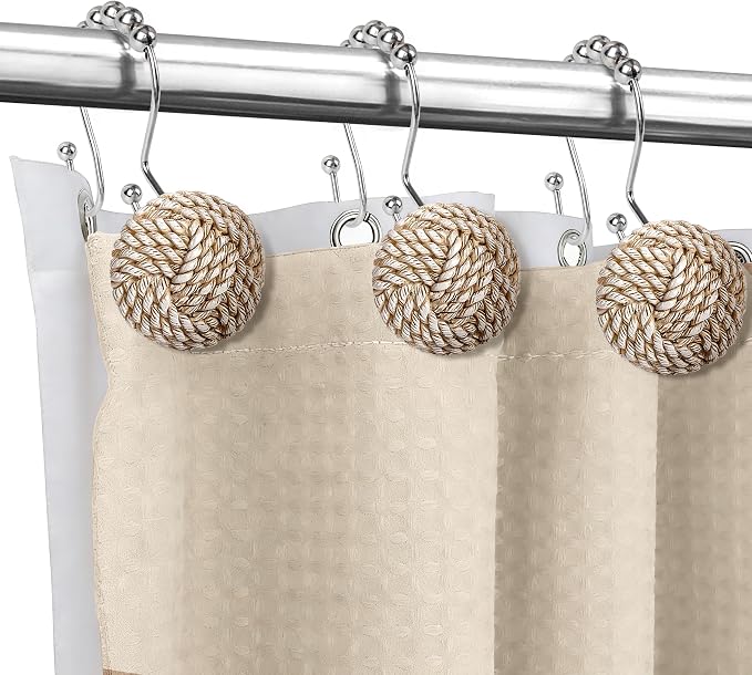 Sunlit Boho Knots Double Shower Curtain Hooks, Home Decorative Shower Curtain Rings for Bathroom, Seaside Nautical Shower Curtain Hangers Bathroom Accessories, Set of 12