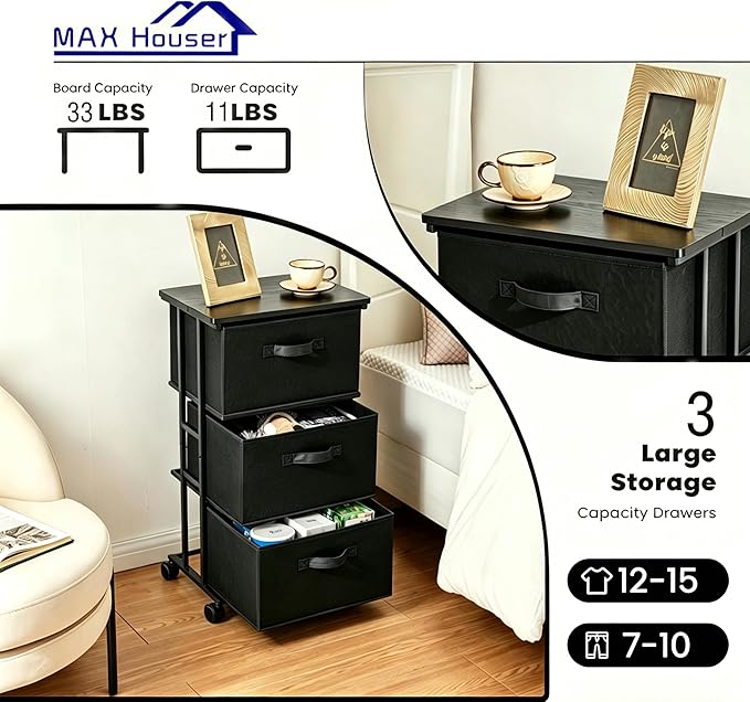 MAX Houser Dresser Storage with 3 Drawers, Fabric Dresser Tower, Vertical Storage Unit for Bedroom, Closet, Office, Black