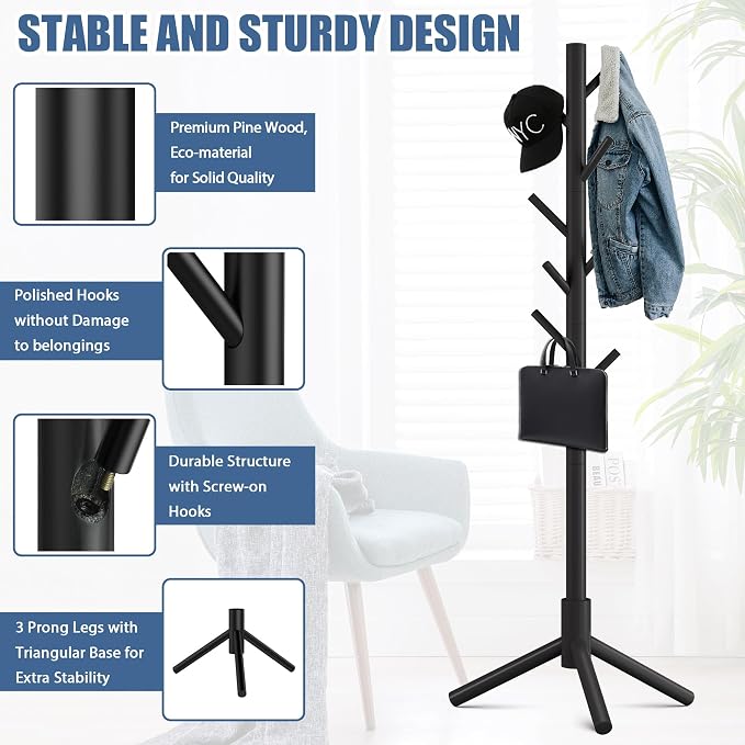 Haddockway Wooden Coat Rack Stand with 8 Hooks New Zealand Pine 3 Adjustable Coat Standing Tree Easy Assembly for Coats, Hats, Scarves and Handbags for Entryway, Hallway, Bedroom, Office