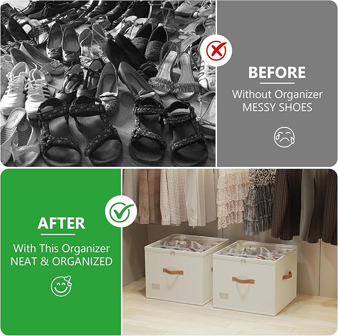 Vincona Shoe Organizer for Closet,2 Pack Shoe Storage Bins Foldable Shoe Storage Box Containers with Clear Cover and Sturdy Handles,Shoe Rack for Closet Storage for Sneakers Heels Slippers (Beige)