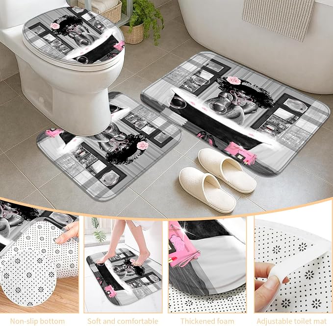 5Pcs Black Girl Shower Curtain Set with Decorative Painting, African American Wall Painting Bathroom Sets with Shower Curtain and Rugs, Trendy Women’s Bathroom Pictures for Wall Art Decor
