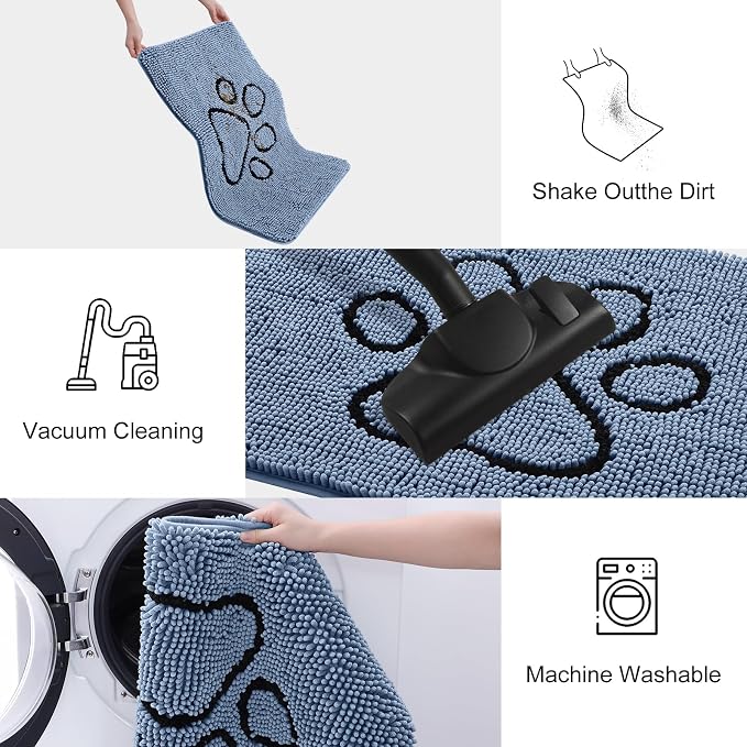 Smiry Dog Door Mat for Muddy Paws, Absorbent Dirt Trapper Non Slip Quick Dry Washable Chenille Mat for Mud Dogs, Entry Rug for Indoor and Outdoor (71x46 Inches, Airy Blue and Black)