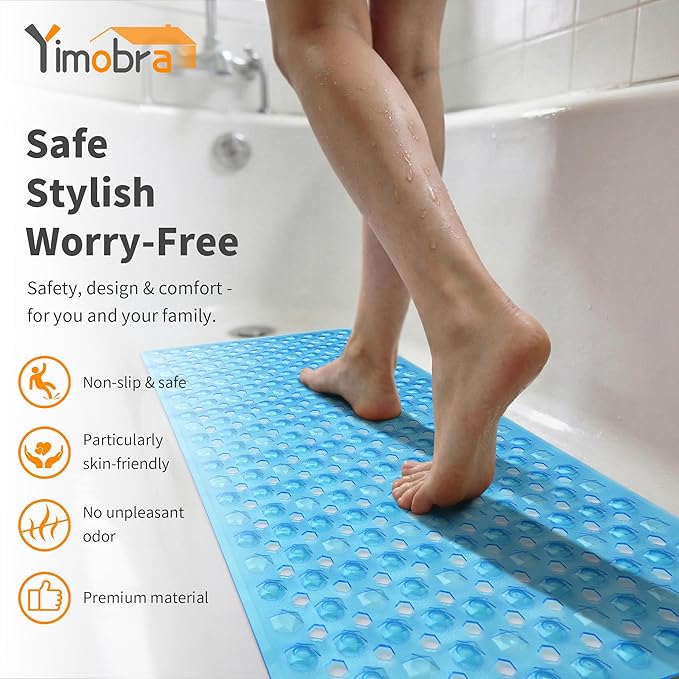 Yimobra Bathtub Mat Non Slip, 34.5"X15.5" Long Shower Mat for Inside Shower, Machine Washable Bath Mat with Drain Holes & Strong Suction Cups, Soft on Feet, Bathroom Essentials, Clear Blue
