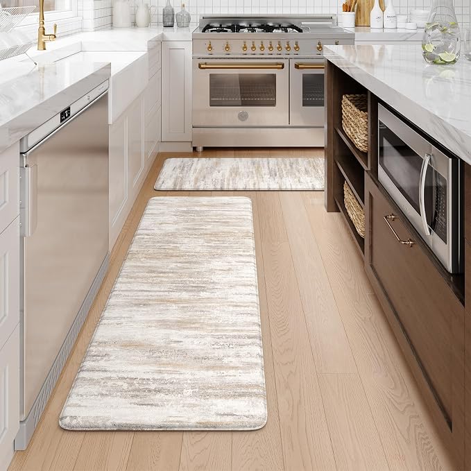 KIMODE Kitchen Mats Cushioned Anti Fatigue, Abstract Kitchen Rugs Sets of 2, 20"x47"+20"x32" Non Slip Kitchen Mats for Floor, Padded Kitchen Floor Mat for Sink Laundry Office Light Brown Multi