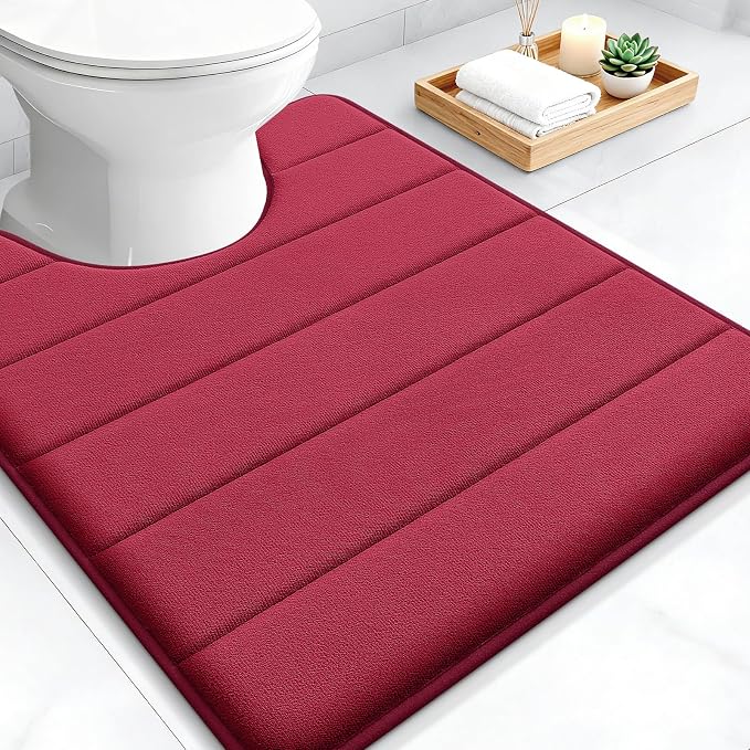 OLANLY Memory Foam Toilet Rugs U Shaped 24x20, Super Soft Absorbent Contour Bath Rugs, Quick Dry, Machine Washable Toilet Mat, Bathmat Floor Carpet, Bathroom Home Decor Accessories, Burgundy
