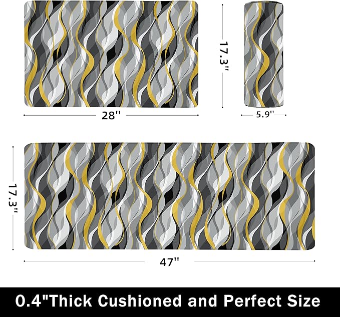 Kitchen Mats for Floor Modern Abstract kitchen rugs Grey and Yellow Stripe Anti Fatigue Kitchen Mats Waterproof Floor Mats Cushioned Non-Skid Standing Mats for Kitchen, Set of 2,17.3 x 28+17.3 x 47