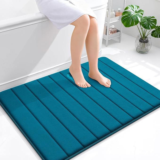 OLANLY Memory Foam Bath Mat 40x32, Super Soft Absorbent Bathroom Rugs, Quick Dry, Machine Washable Shower Floor Rugs, Bathmat Carpet, Bathroom Home Decor Accessories, Peacock Blue
