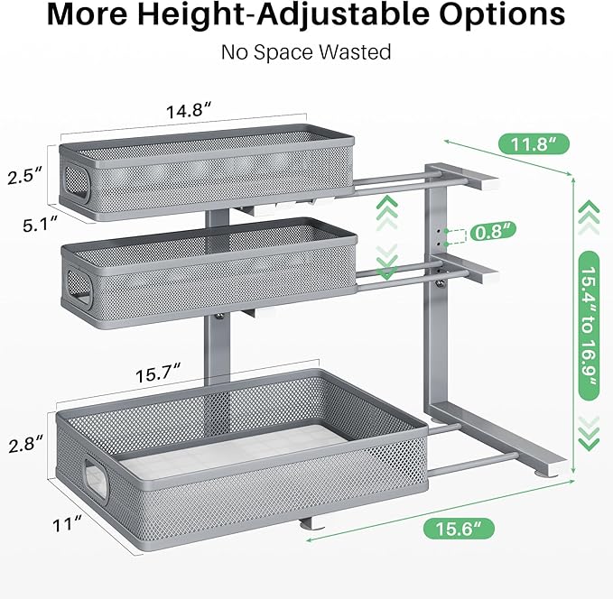 Kitstorack Under Sink Organizer, 1-Pack 3-Tier Height Adjustable Thickened Metal Pull out Cabinet Organizer Shelf, Slide out Storage Drawer Rack for Bathroom Kitchen Pantry Home Organization, Grey