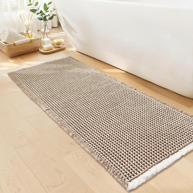 Waffle Bath Mat - Boho Bathroom Rugs Non Slip Washable, Super Absorbent & Quick Dry, Soft Bath Mat Farmhouse Bathroom Decor, 24'' x 48'', Khaki and White