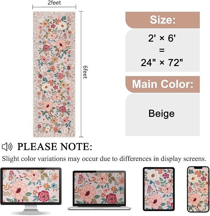 DUKINO 2x6 Runner Rug for Hallway, Washable Kitchen Runner Rug with Non Slip Backing, Low Pile Soft Boho Floral Runner for Kitchen, Hallway, Entryway, Laundry, Bedroom, Beige