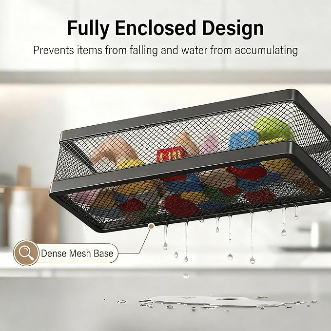 PUSDON 5-in-1 16.5" Extra Long Slim Wall Mount Wrapped Mesh Kitchen Organizer & Shower Caddy Kit, with Paper Towel Holder, Utensil Holder, Soap Dish, Holds 50LBS - Matte Black, Netting