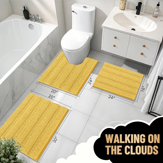 OLANLY Thick Bathroom Runner Rugs 70x24, Absorbent Chenille Striped Bath Rugs, Rubber Backing, Machine Wash Dry, Extra Long Bath Mats for Bathroom Floor, Tub and Shower, Home Decor Accessories, Yellow
