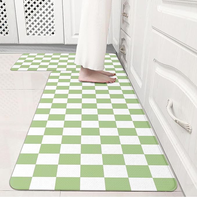 Fresh Green Checkered Grid Checkerboard Kitchen Rug Sets [2 PCs], Anti-Fatigue, Waterproof Non-Slip Kitchen Mats Heavy Duty Comfort Foam Rug for Kitchen, Floor, Laundry,17"x29"+17"x47"