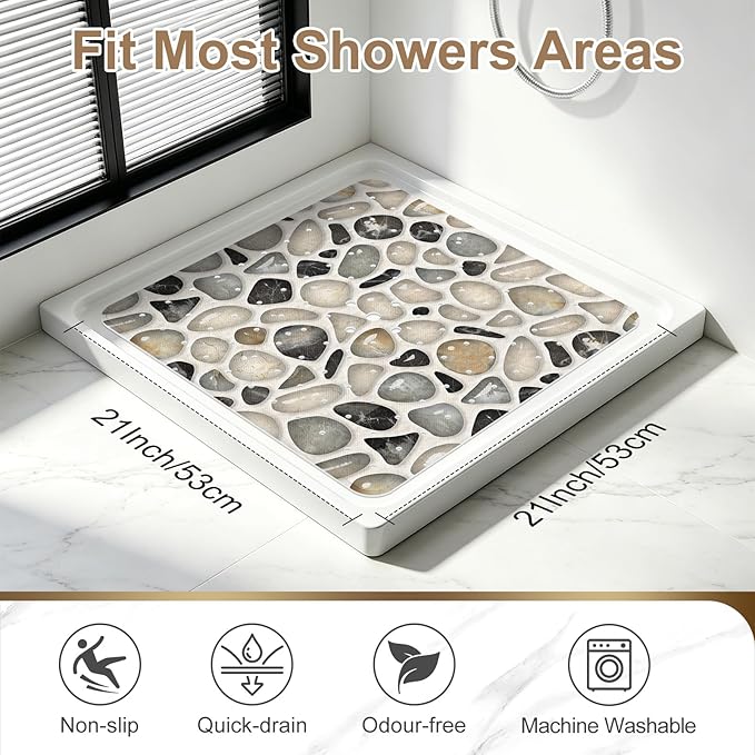 Square Shower Mat, 21x21 Inch Non Slip Shower Mats for Inside Shower Stall, Soft PVC Anti Slip Shower Mat with Sucion Cups, Machine Washable Bathroom Shower Floor Mat for Elderly Kids