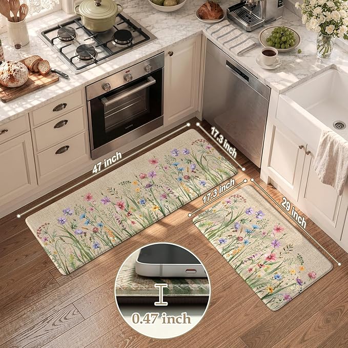 KIMODE Anti Fatigue Kitchen Mat, 17"x47"+17"x29" Floral Kitchen Rugs Sets of 2, Farmhouse Kitchen Floor Mats Non-Slip Cushioned, Comfort Standing Desk Mat for Sink, Laundry,Home Brown