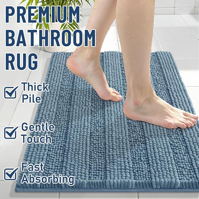 Grandaily Chenille Striped Bathroom Rugs 47x24, Extra Thick and Soft Absorbent Bath Mats, Rubber Backing, Plush Shaggy Shower Carpet, Machine Wash Dry, Bath Rug for Bathroom, Airy Blue