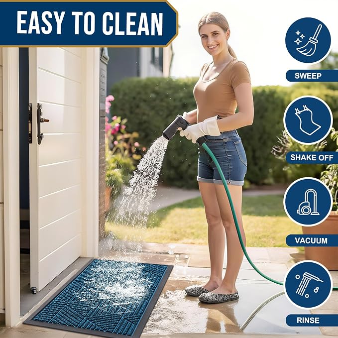 Smiry Front Door Mat Outside Entrance, Heavy Duty Sturdy Natural Rubber Doormat, Trap Dirt and Moisture, Easy Clean Low Profile Mats for Indoor Outdoor Entry, Irregular Triangle (47x32, Mixed Blue)