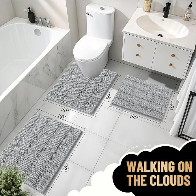 OLANLY Thick Small Bathroom Rugs 24x16, Extra Soft Absorbent Chenille Striped Bath Rugs, Rubber Backing, Machine Wash, Bath Mats for Bathroom Floor, Tub and Shower, Home Decor Accessories, Light Grey