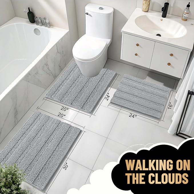 OLANLY Thick Bathroom Runner Rugs 59x24, Absorbent Chenille Striped Bath Rugs, Rubber Backing, Machine Wash, Extra Long Bath Mats for Bathroom Floor, Tub and Shower, Home Decor Accessories, Light Grey