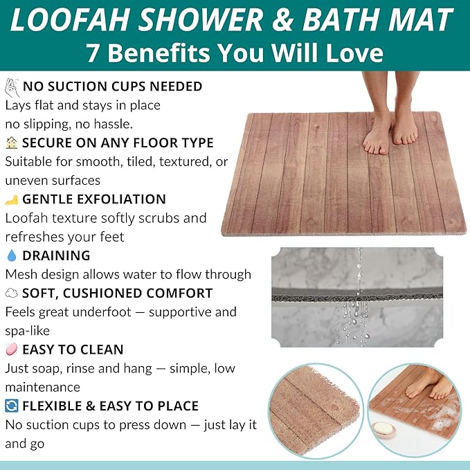 Square Shower Mat - Non Slip Shower Mats for Inside Shower - Extra Large 31x31 Shower Floor Mat Non Slip - Square Bath Mat for Shower - Secure Anti Slip Loofah Shower Bath Mat (31x31 Wood Teak)