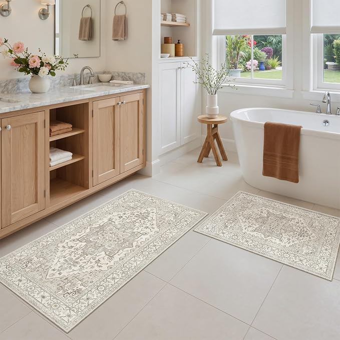 Madane 2-Piece Kitchen Runner Rug Set, Small Area Rug Non-Slip Vintage Door Mat Indoor Entrance, Low Pile Floor Carpet for Inside Front Door Bedroom Entryway Entry Laundry (2x3+2x4, Beige/Brown)