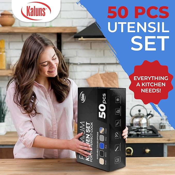 Kaluns 50 PCS Silicone Kitchen Utensils Set Complete Kitchen Set - 800°F Heat Resistant Non-Stick Premium Silicone Cooking Utensils W Wooden Handles - Can Opener, Masher, Turner, Silicone Spatula Set