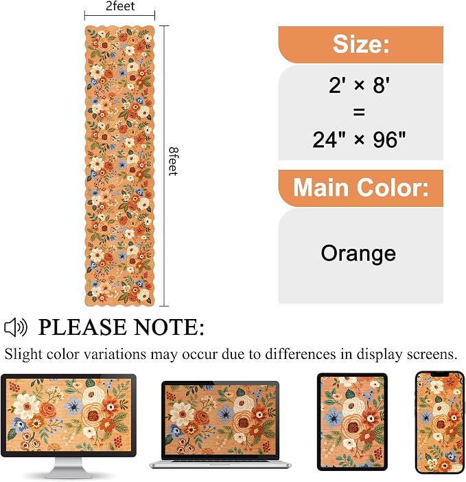 DUKINO 2x8 Washable Runner Rug, Lightweight Soft Floral Hallway Rug Runner with Low Pile Design, Non Shedding & Non Slip Backing Thin Indoor Carpet for Bedroom, Bathroom, Entrance, Kitchen, Orange