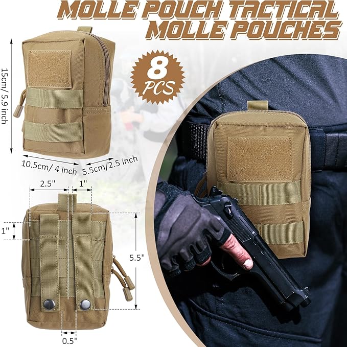 8 Pcs Molle Pouches Tactical Molle Pouch Vest Pouch Cell Phone Belt Pouch Waterproof Waist Bag Pack Utility EDC Pouch Bag Compact Accessories Gadget Pocket Organizer
