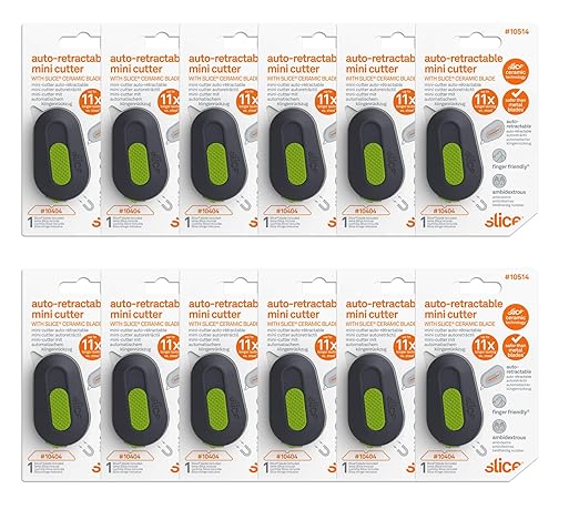 Slice Auto-Retractable Mini Box Cutter | Safe Ceramic Box Cutter Lasting 11x Longer than Metal | Keychain Box Opener | 12 Pack