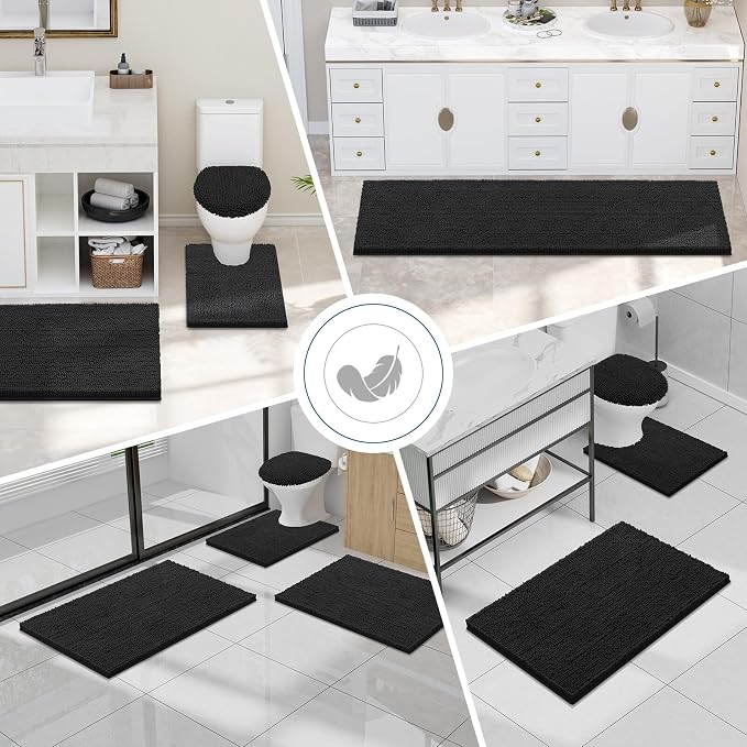 Smiry Luxury Chenille Bathroom Rugs 45x27, Extra Soft and Absorbent Shaggy Bath Mat, Machine Washable, Non-Slip Plush Carpet Runner for Tub, Shower, and Floor, Home Decor Accessories, Black